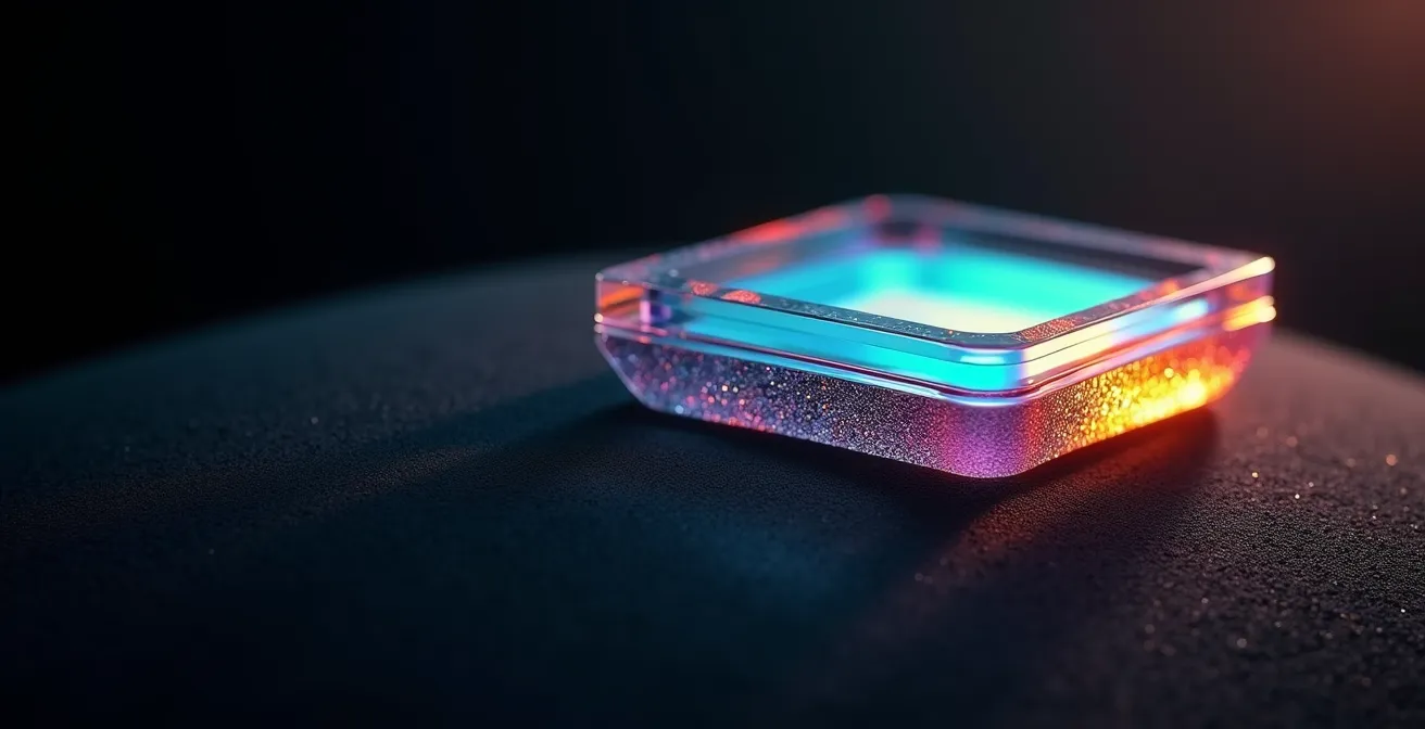 Vue macro d'un verre optique de haute qualité montrant sa structure cristalline