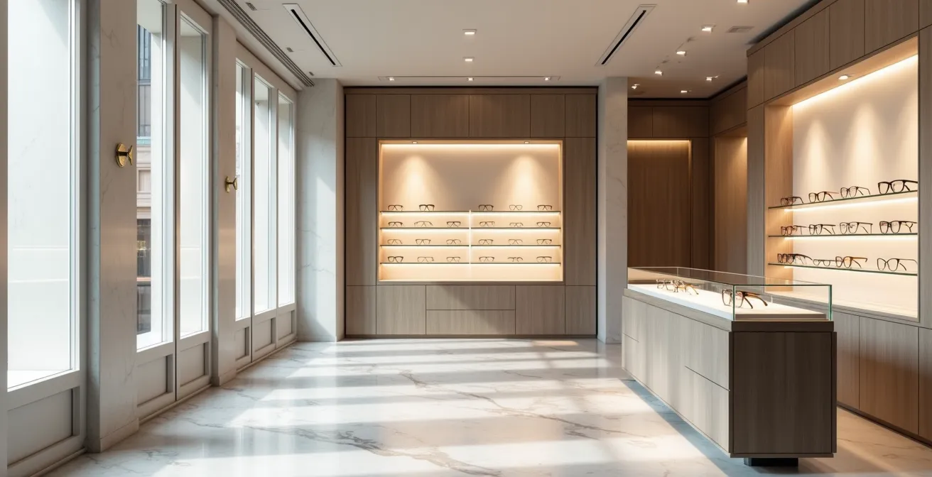 Ambiance épurée d'une boutique d'optique de luxe avec éclairage naturel