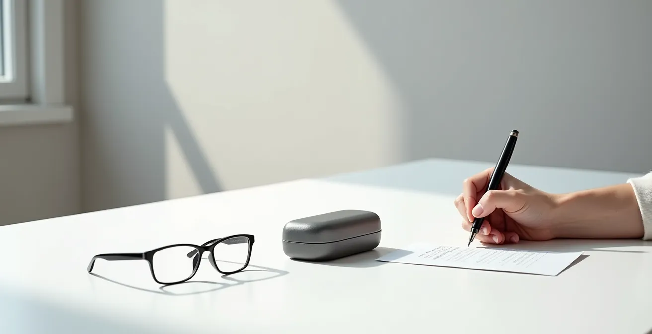 Vue en plongée d'une personne signant un document dans un environnement épuré