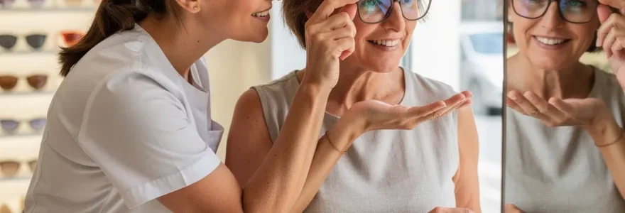 Cliente essayant des lunettes avec conseil opticien indépendant Cholet