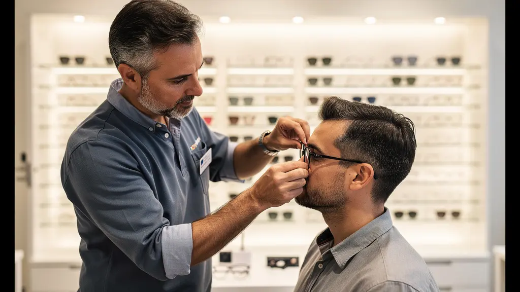 Opticien ajustant les branches de lunettes pour un client Opticien ajustant les branches de lunettes pour un client