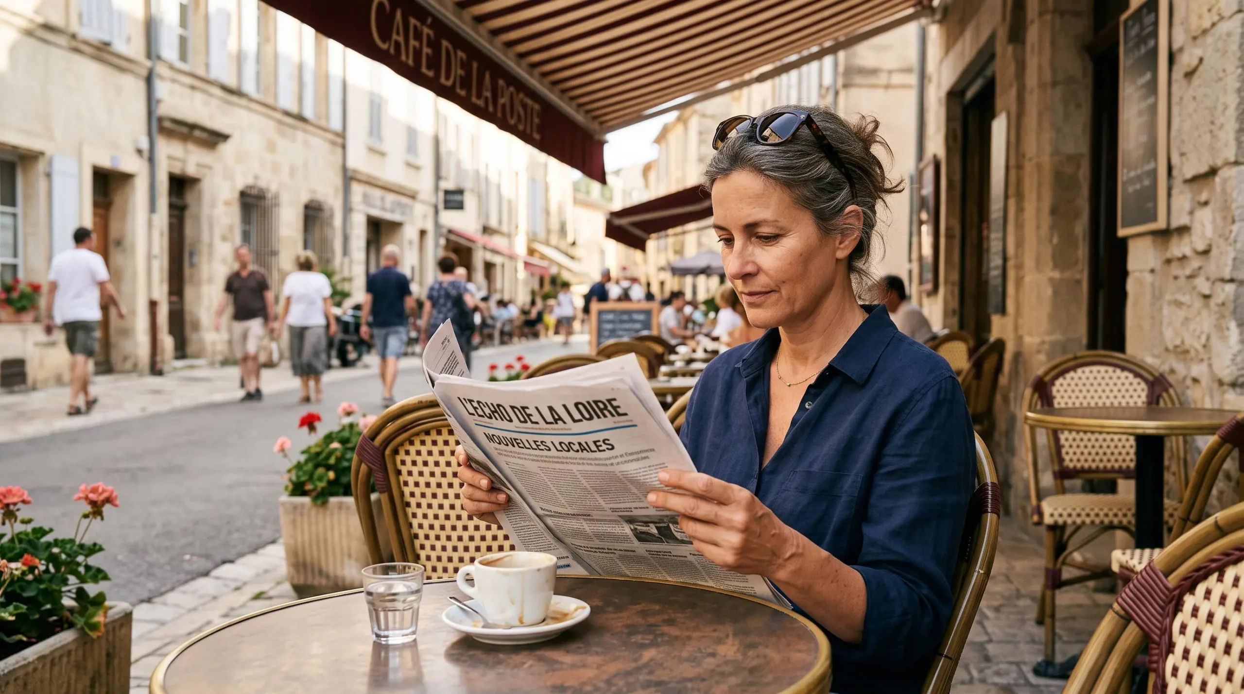 Une femme d'une quarantaine d'années lisant un journal sans lunettes à la terrasse d'un café français en plein soleil.