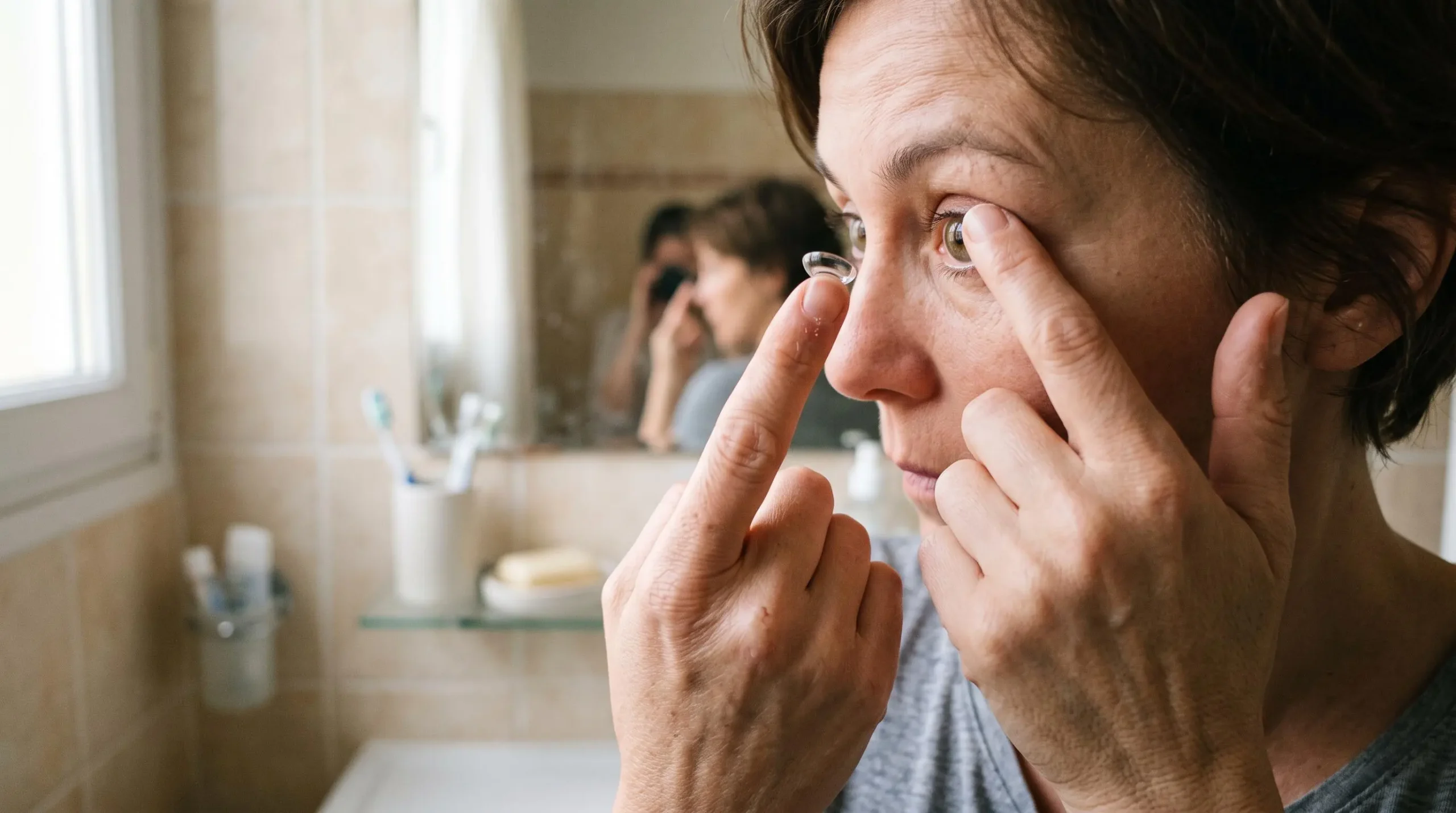 Une femme d'une quarantaine d'années tenant une lentille de contact sur le bout du doigt devant un miroir de salle de bain.