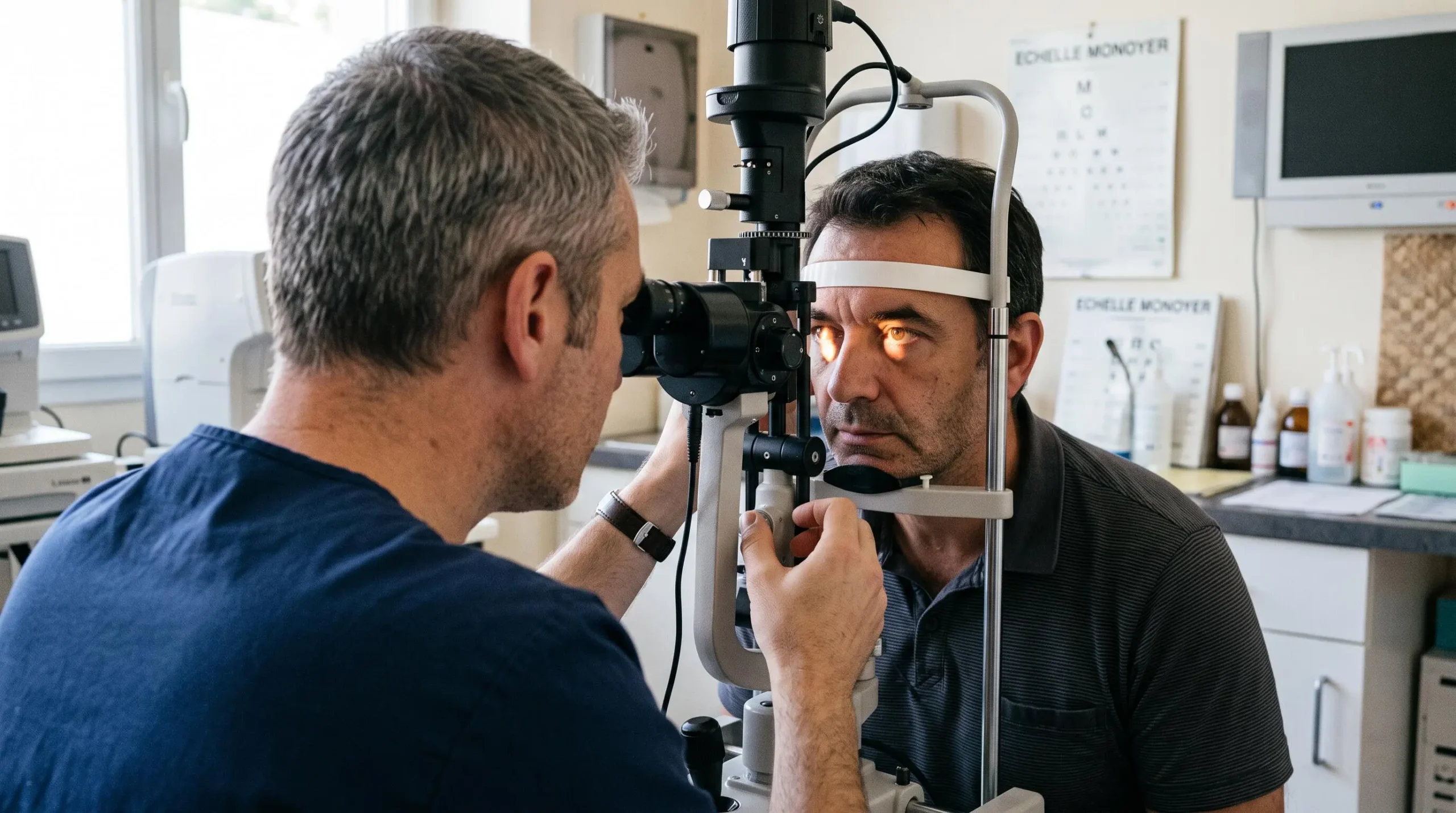 Un optométriste examinant les yeux d'un patient d'une cinquantaine d'années à l'aide d'une lampe à fente dans un centre d'examen visuel.