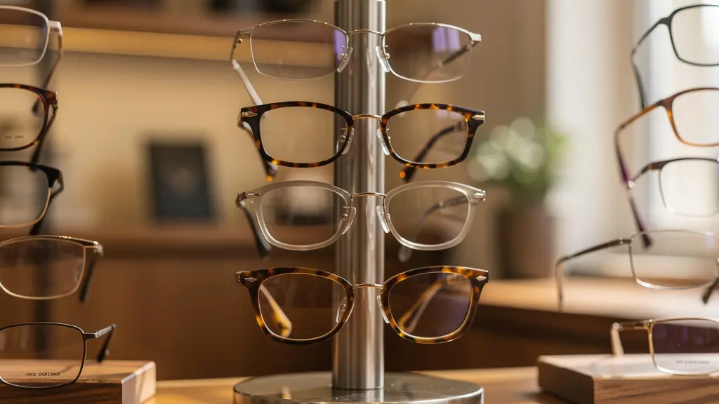 Présentoir de montures créateurs dans une boutique optique indépendante Présentoir de montures créateurs dans une boutique optique indépendante