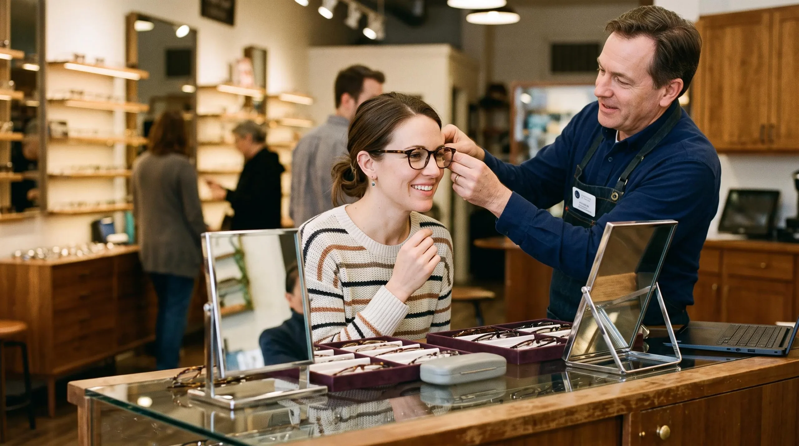 Une cliente essaie des montures de lunettes avec l'aide d'un opticien au comptoir.