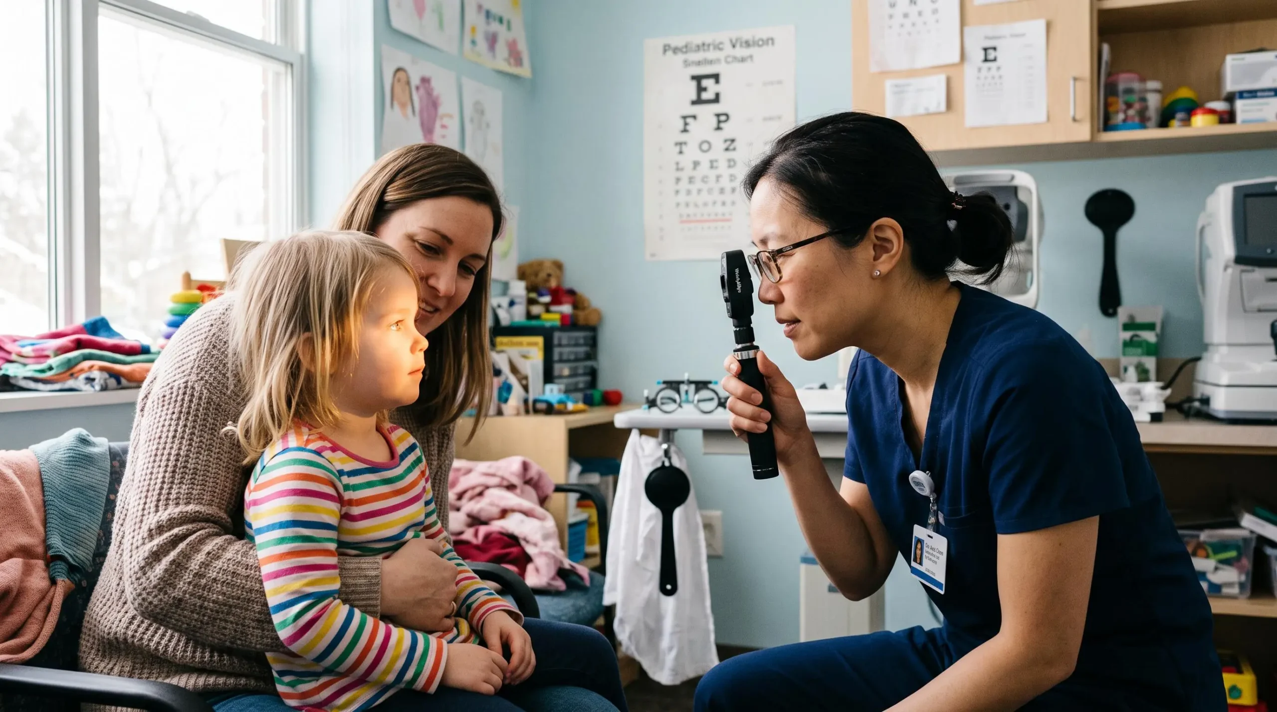 Un ophtalmologiste examine les yeux d'un jeune enfant assis sur les genoux d'un parent.