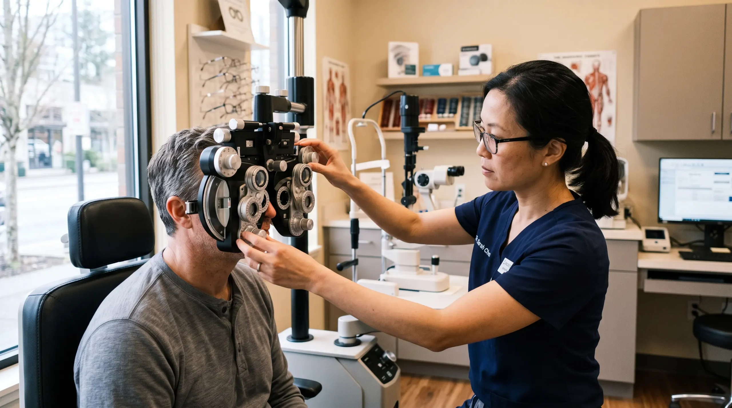 Un optométriste ajuste un phoroptère pour examiner les yeux d'une patiente adulte.