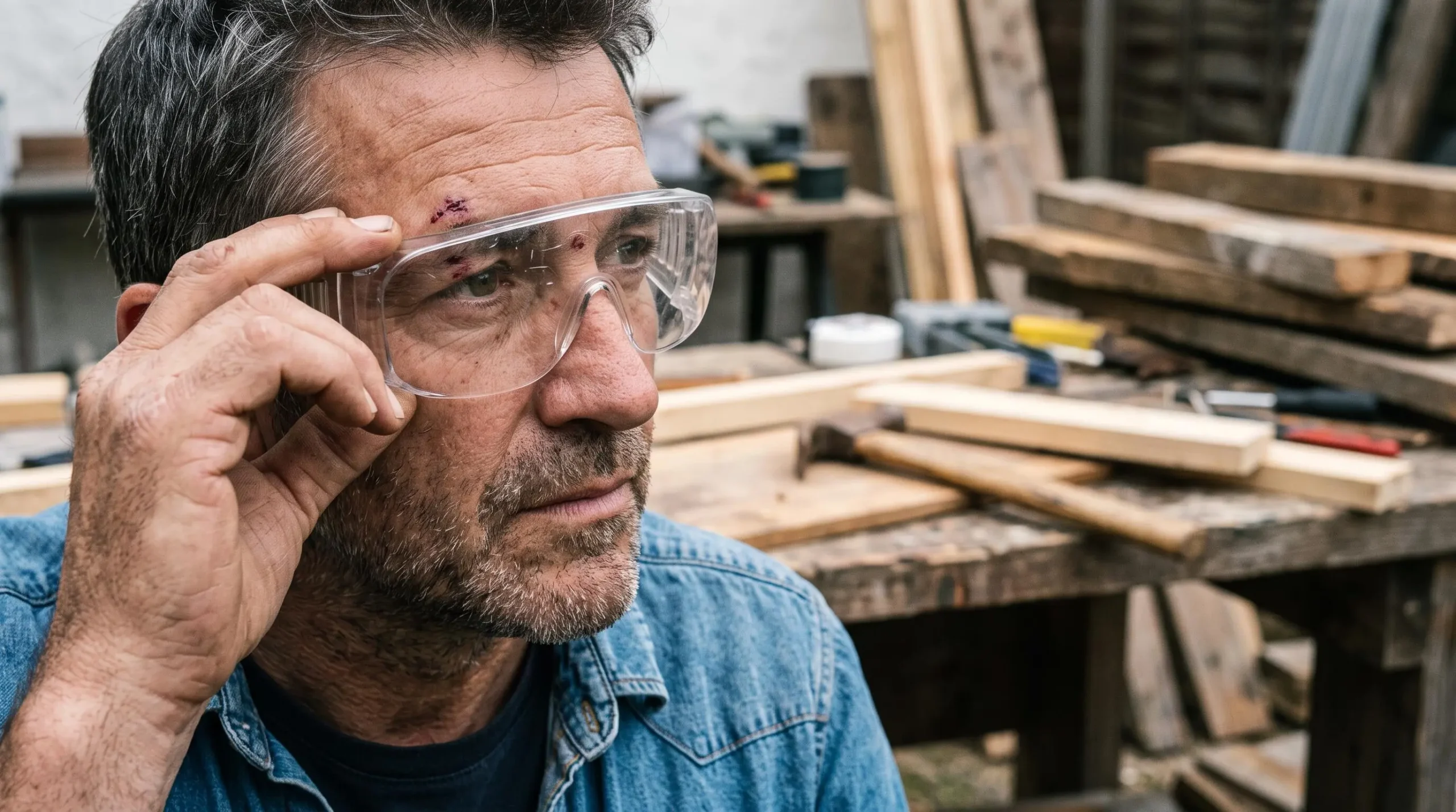 Un homme portant des lunettes de protection, une légère ecchymose près du sourcil, dans un atelier.